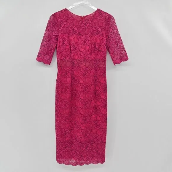 MONIQUE LHUILLIER Dress Sz 6 Pink Lace Sheath Floral Overlay Scalloped Cocktail - Picture 2 of 13
